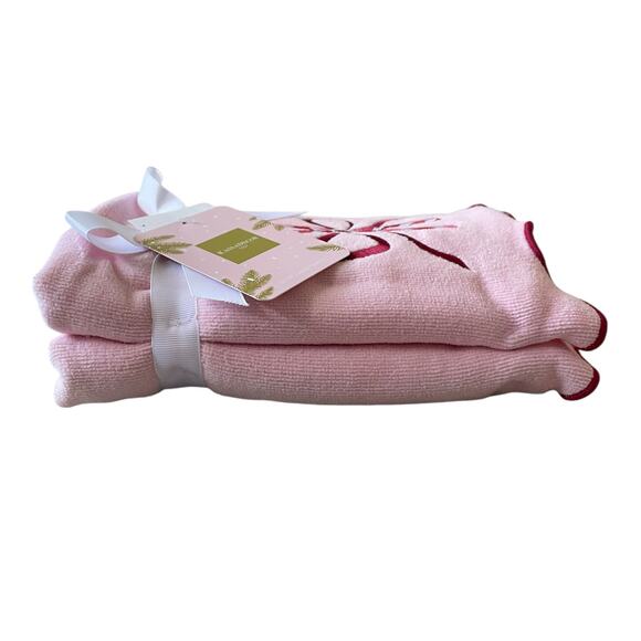 2pc Kassatex Christmas Hand Towels Candy Cane with Bow Cotton Holiday Pink NEW - Picture 8 of 10
